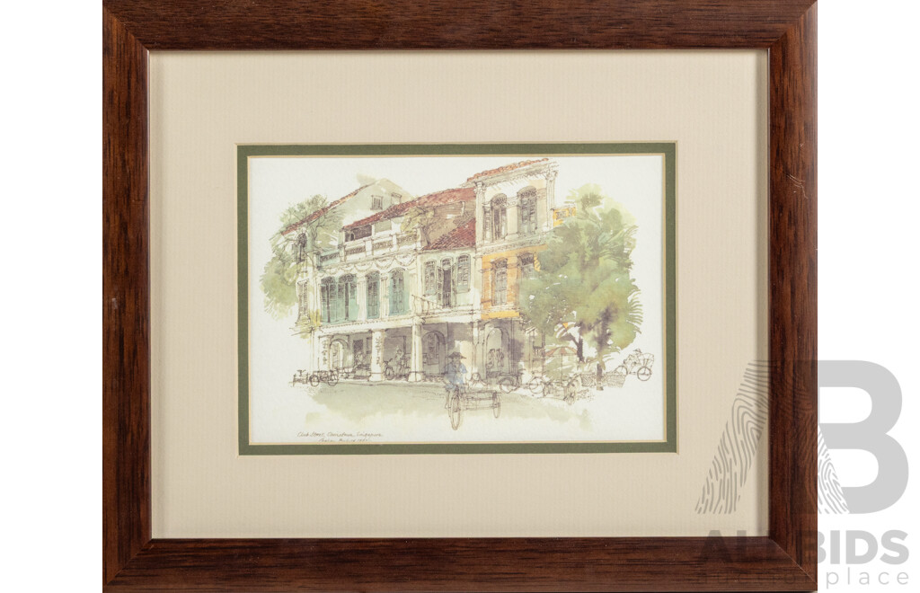 Graham Byfield, (20th Century, British), Club Street Chinatown, Ann Siang Hill & The Raffles Hotel, Singapore, Lovely Trio of Framed Colour Prints After Original Watercolours, 24 x 29 cm (frames) (3)