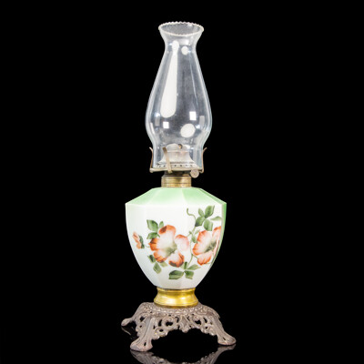 Antique Oil Lamp with Pink Floral Design