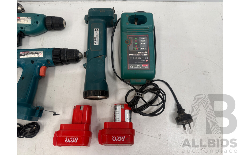 Box of Assorted Makita Cordless Power Drills + 2 X Chargers + Batteries