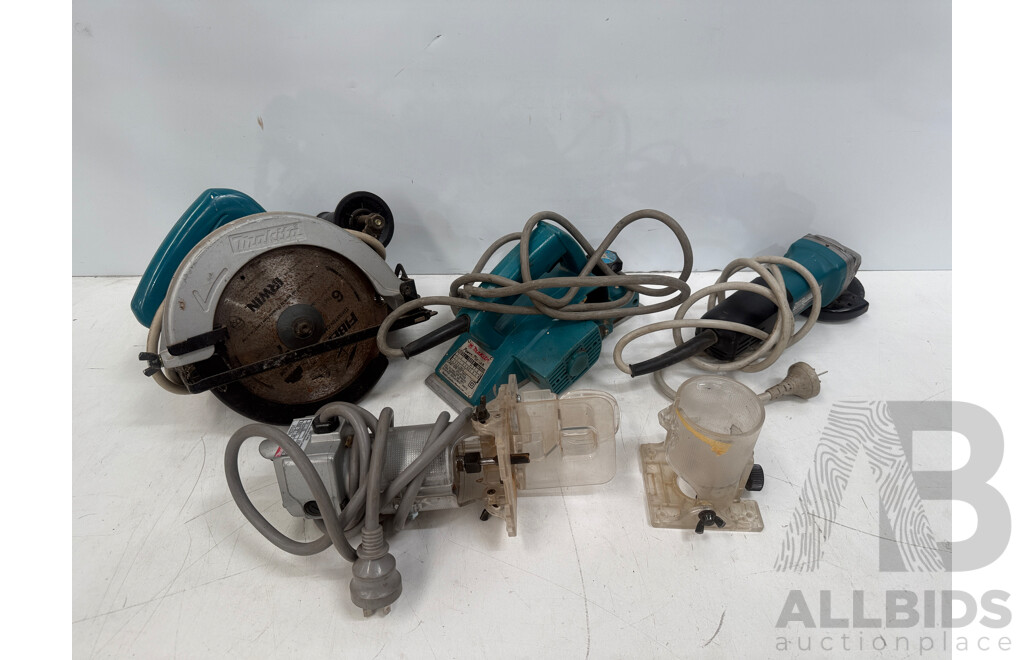 Box of Assorted Makita Power Tools - Circular Saw + Wood Trimmer + Power Planer + Angle Grinder