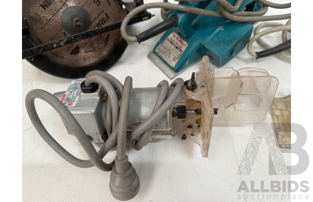 Box of Assorted Makita Power Tools - Circular Saw + Wood Trimmer + Power Planer + Angle Grinder