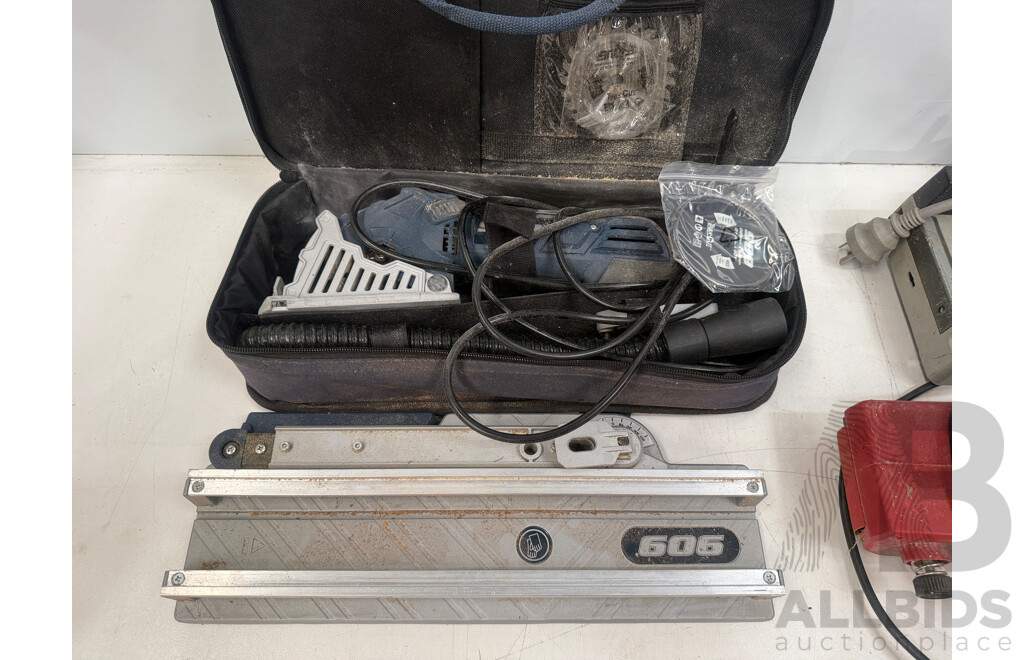 Box of Assorted Power Tools - Trak Saw + Heat Gun + Power Planer + Drop Saw