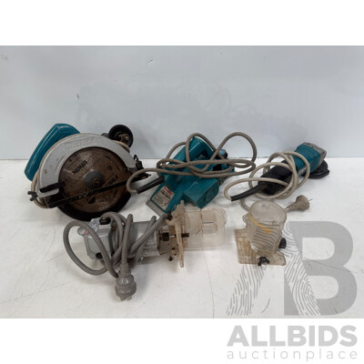 Box of Assorted Makita Power Tools - Circular Saw + Wood Trimmer + Power Planer + Angle Grinder