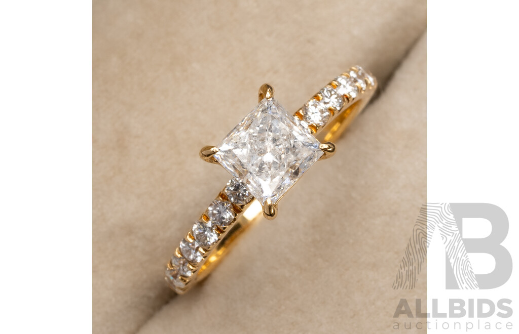 18ct Yellow Gold Natural Princess Cut and Pave Engagement Ring - Size J.5