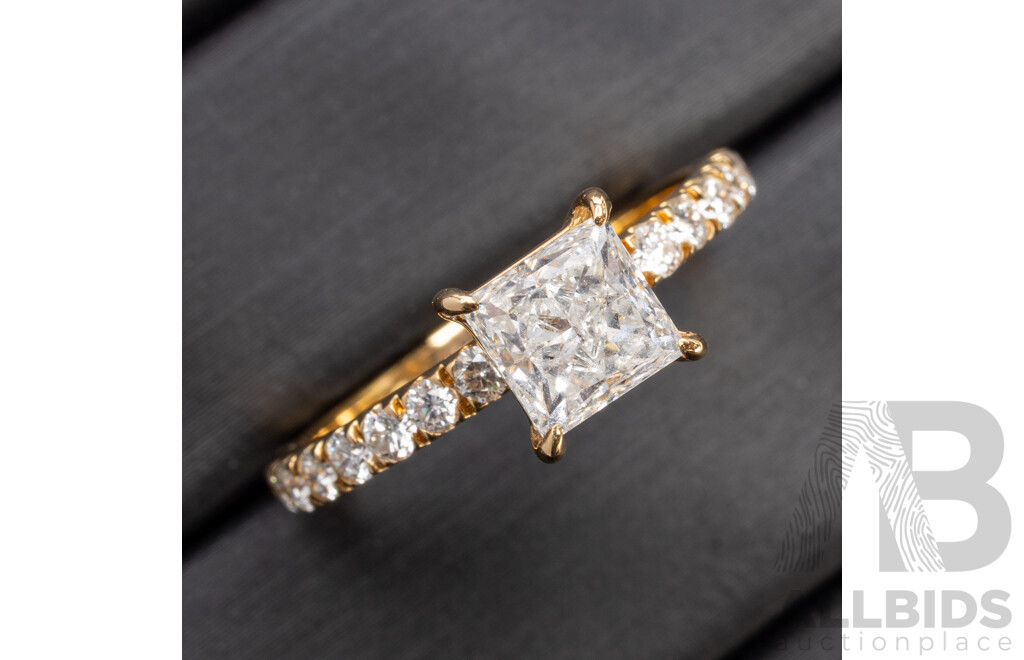 18ct Yellow Gold Natural Princess Cut and Pave Engagement Ring - Size J.5