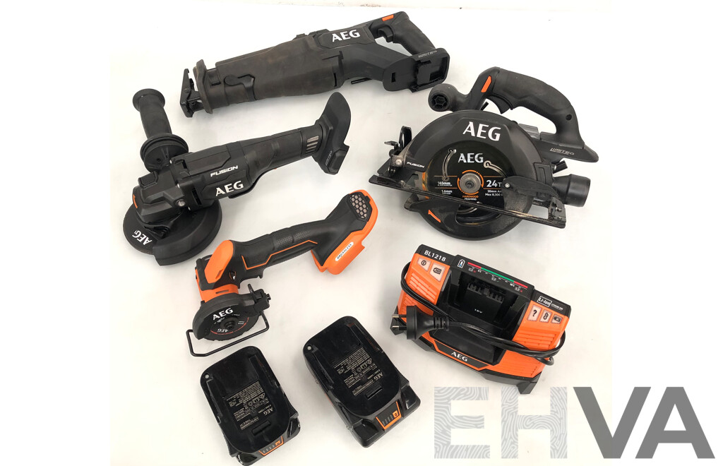 AEG 18 Volt Lithium Ion Cordless Power Tools - Lot of Four - with Two Batteries and Charger