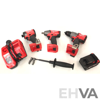 Milwaukee Fuel 18 Volt Lithium Ion Cordless Power Tools - Lot of Three- with One Battery and Charger