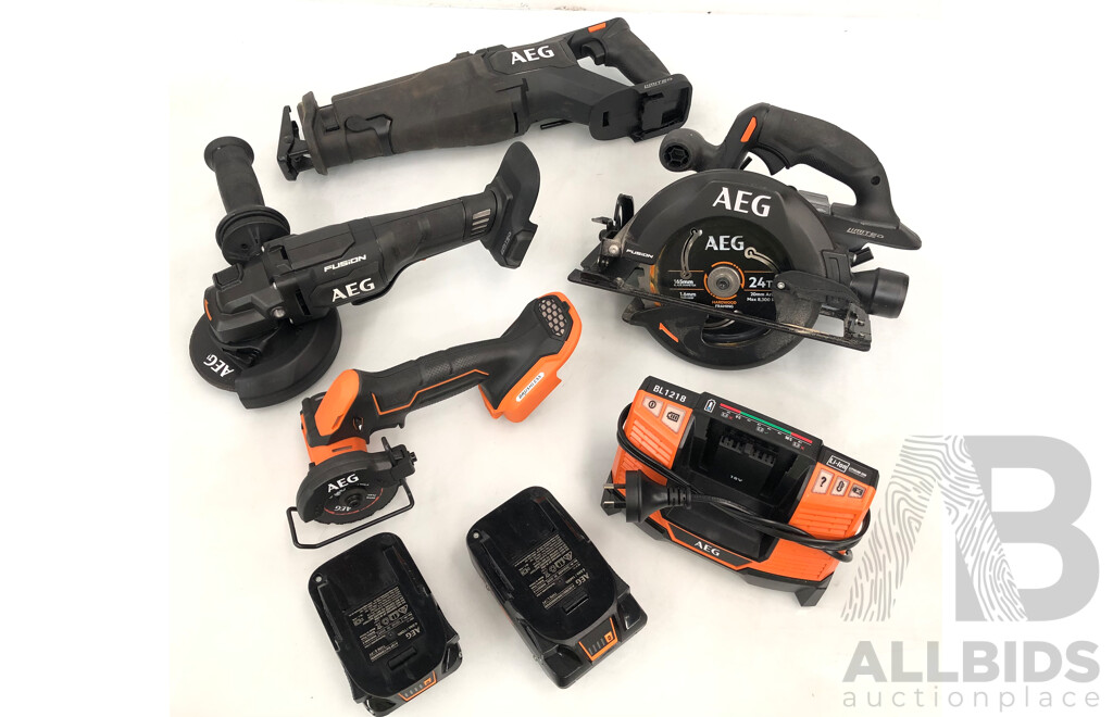 AEG 18 Volt Lithium Ion Cordless Power Tools - Lot of Four - with Two Batteries and Charger