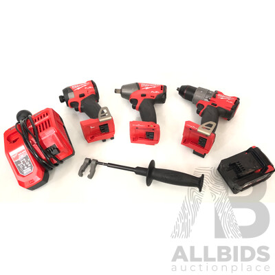Milwaukee Fuel 18 Volt Lithium Ion Cordless Power Tools - Lot of Three- with One Battery and Charger