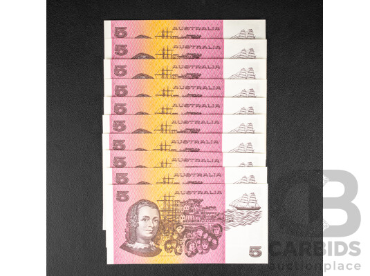 Ten Australian 1991 Five Dollar Notes, Fraser/Cole R213, Consecutive QLZ 451361 - QLZ 451370