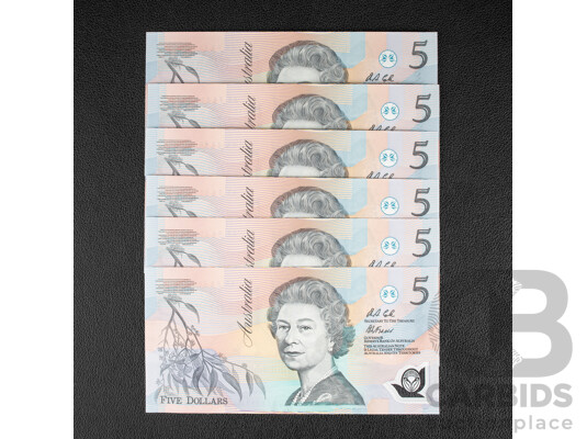 Six Australian 1991 Five Dollar Notes, Fraser/Cole R214, Consecutive AA 84464660 - AA 84464665