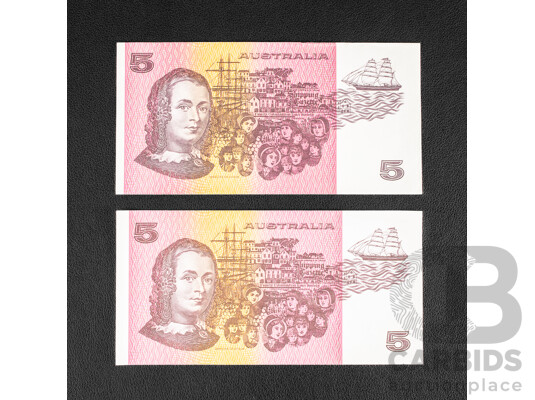 Two Australian 1985 Five Dollar Notes, Johnston/Fraser R209a