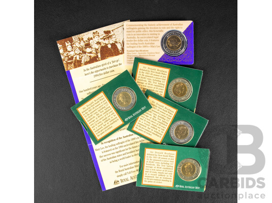 Five Australian RAM Commemorative Five Dollar Coins Including 1994 One Hundred Years of the Enfranchisement of Women in South Australia and Four 1996 Tribute to Donald Bradman