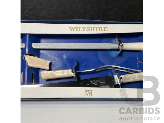 Boxed Wiltshire Three Piece Carving Set, Twelve Luke Paramount Stainless Steel Knives Cresta Fork and Spoon Collection
