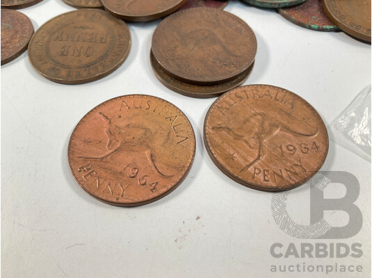 Collection of Australian Pennies and Half Pennies, Examples Spanning 1916 to 1964
