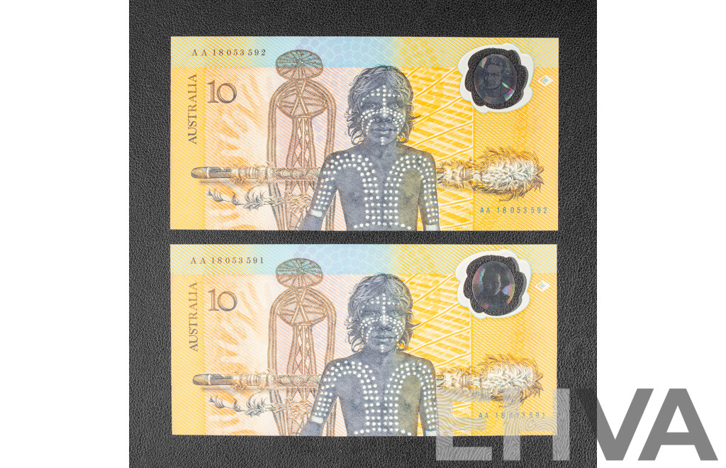 Two Australian 1988 Bicentennial Ten Dollar Notes, Collectors Issue Johnston/Fraser, Consecutive AA18053591 -Consecutive AA18053592