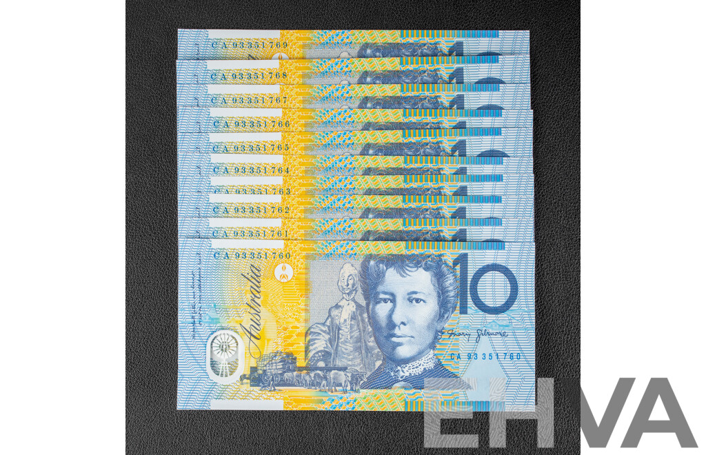 Ten Australian 1993 Ten Dollar Notes, Fraser/Evans, Consecutive CA 93351760 - CA 93351769