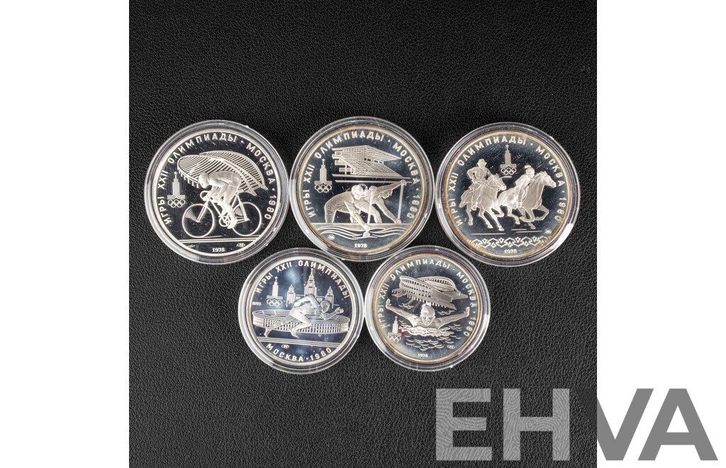 USSR 1978 Silver Five Proof Coin Set, 1980 Moscow Games of the XXII Olympiad .900