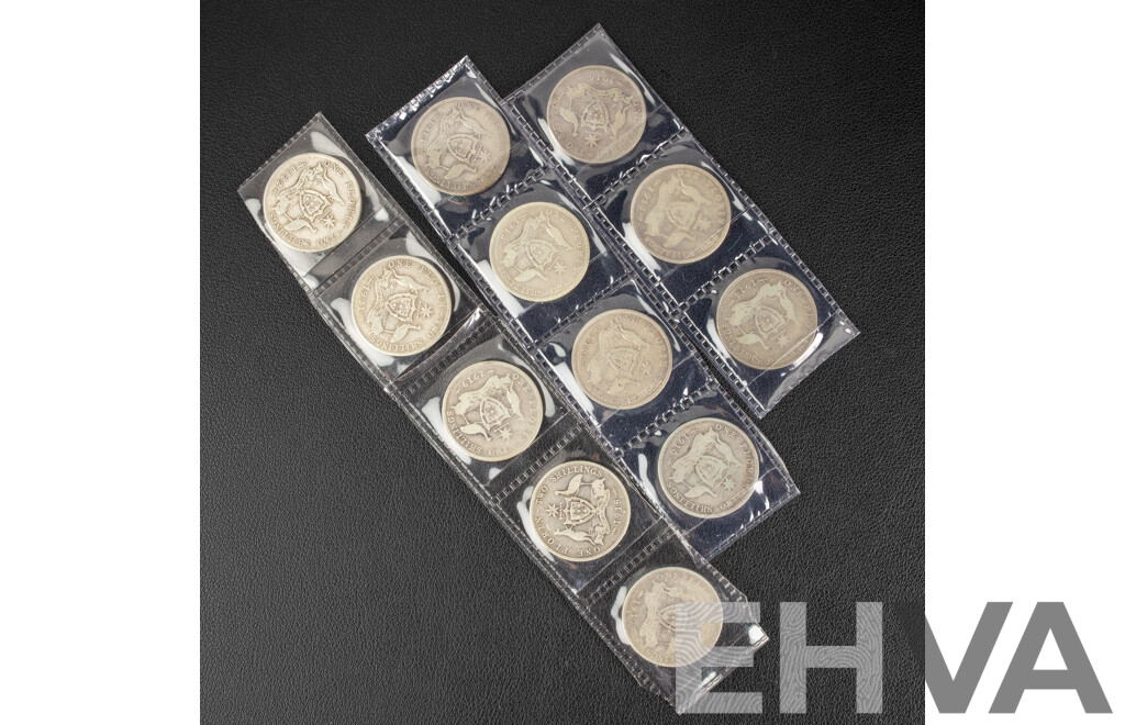 Twelve Australian KEVII/KGV Silver Florins Including 1910, 1911, 1912, 1913, 1914, 1915, 1916M, 1917M, 1918M, 1919M, 1921, 1922  .925