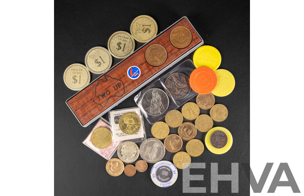 Australian Two Up Paddle with 1955 and 1953 Pennies, M.R Roberts, 1982 Archibald Memorial, 1979 Western Australia Sesquicentennial Coin, Adelaide Coin Club Coin, ACT Government Coin............