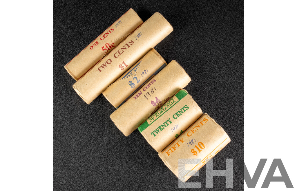Australian RAM UNC 1981 One, Two, Five, Ten, Twenty, Fifty Cent Coin Rolls