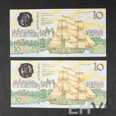 Two Australian 1988 Bicentennial Ten Dollar Notes, Collectors Issue Johnston/Fraser, Consecutive AA18053591 -Consecutive AA18053592