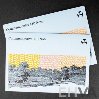 Two Australian 1988 Bicentennial Ten Dollar Notes, Collectors Issue Johnston/Fraser, Consecutive AA18053591 -Consecutive AA18053592