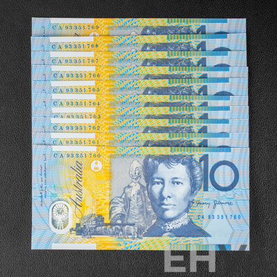Ten Australian 1993 Ten Dollar Notes, Fraser/Evans, Consecutive CA 93351760 - CA 93351769