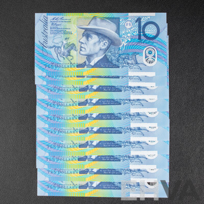 Ten Australian 1993 Ten Dollar Notes, Fraser/Evans, Consecutive CA 93351760 - CA 93351769