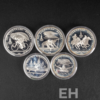 USSR 1978 Silver Five Proof Coin Set, 1980 Moscow Games of the XXII Olympiad .900