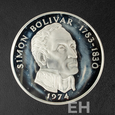 Panama Franklin Mint 1974 Silver Proof Twenty Balboas Coin, Simon Bolivar .925