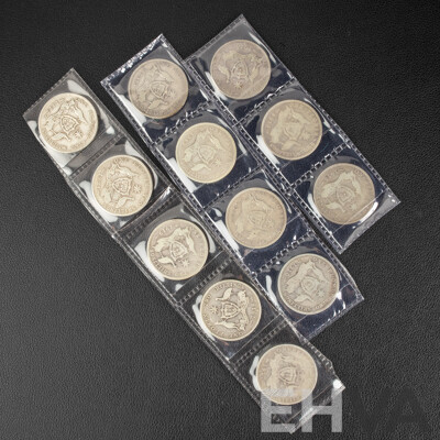 Twelve Australian KEVII/KGV Silver Florins Including 1910, 1911, 1912, 1913, 1914, 1915, 1916M, 1917M, 1918M, 1919M, 1921, 1922  .925