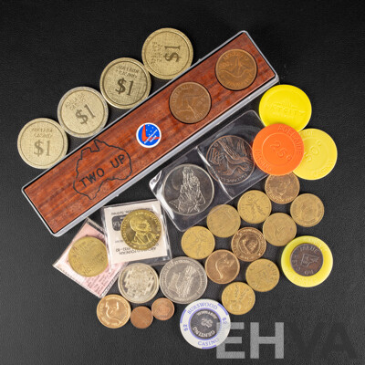 Australian Two Up Paddle with 1955 and 1953 Pennies, M.R Roberts, 1982 Archibald Memorial, 1979 Western Australia Sesquicentennial Coin, Adelaide Coin Club Coin, ACT Government Coin............