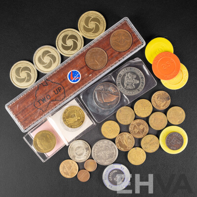 Australian Two Up Paddle with 1955 and 1953 Pennies, M.R Roberts, 1982 Archibald Memorial, 1979 Western Australia Sesquicentennial Coin, Adelaide Coin Club Coin, ACT Government Coin............