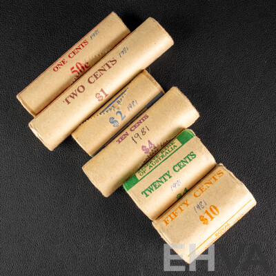 Australian RAM UNC 1981 One, Two, Five, Ten, Twenty, Fifty Cent Coin Rolls
