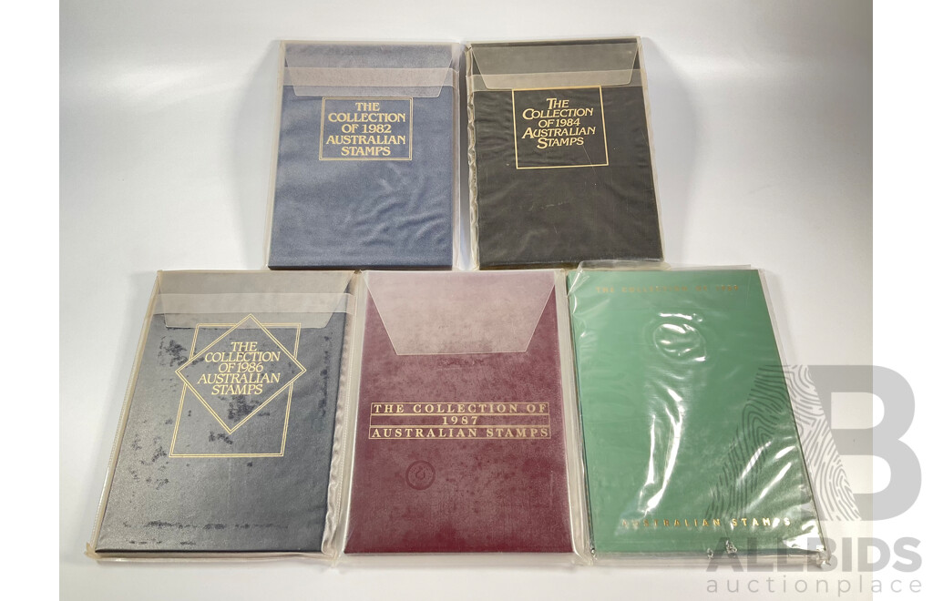Five Australian Annual Stamp Albums Including 1982, 1984, 1986, 1987, 1989 - Face Value $140