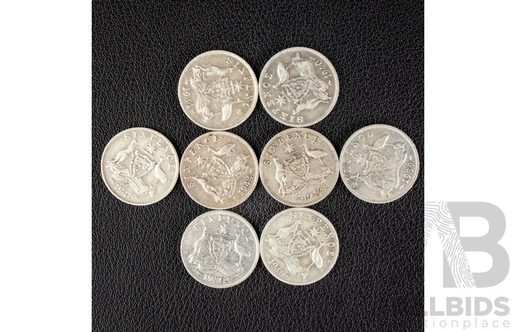 Eight Australian KGVI Silver Sixpence Including 1938, 1939, 1940, 1941, 1942, 1943D, 1944S, 1945  .925
