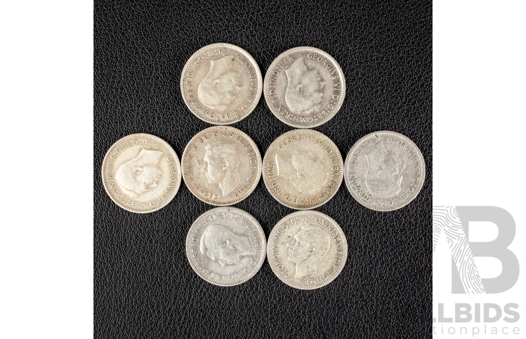 Eight Australian KGVI Silver Sixpence Including 1938, 1939, 1940, 1941, 1942, 1943D, 1944S, 1945  .925