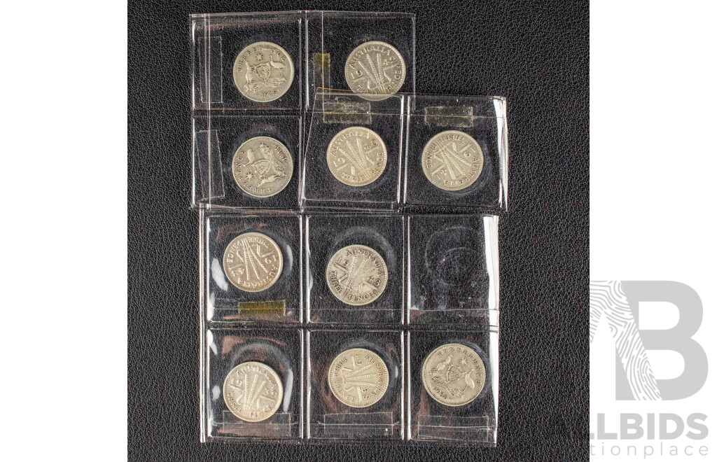 Ten Australian KGV/KGVI Silver Threepence Including 1934, 1935, 1936, 1938, 1939, 1940, 1941, 1942, 1943D, 1943S   .925