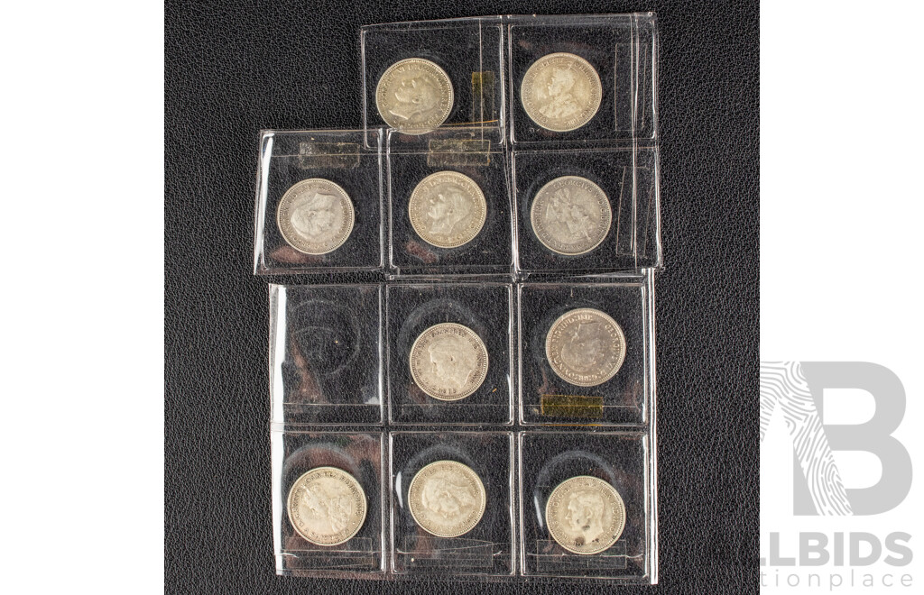 Ten Australian KGV/KGVI Silver Threepence Including 1934, 1935, 1936, 1938, 1939, 1940, 1941, 1942, 1943D, 1943S   .925