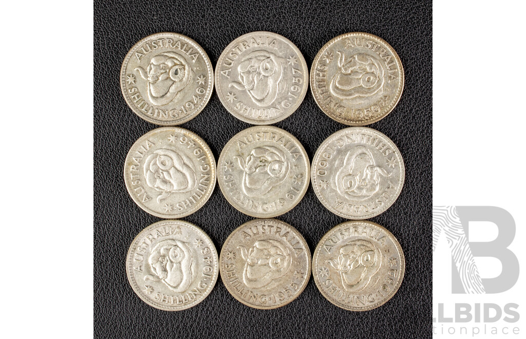Nine Australian KGVI Silver Shillings Including 1946(2) 1948, 1950, 1952, 1955, 1957, 1960, 1961    .500