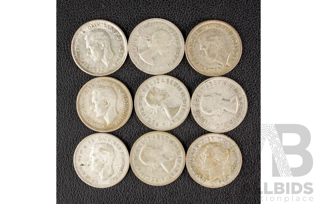 Nine Australian KGVI Silver Shillings Including 1946(2) 1948, 1950, 1952, 1955, 1957, 1960, 1961    .500