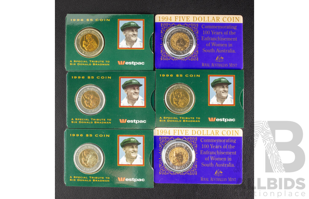 Six Australian RAM Commemorative Five Dollar Coins, Two 1994 One Hundred Years of the Enfranchisement of Women in South Australia and Four 1996 Tribute to Donald Bradman