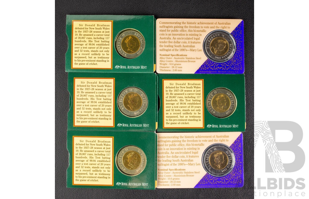 Six Australian RAM Commemorative Five Dollar Coins, Two 1994 One Hundred Years of the Enfranchisement of Women in South Australia and Four 1996 Tribute to Donald Bradman