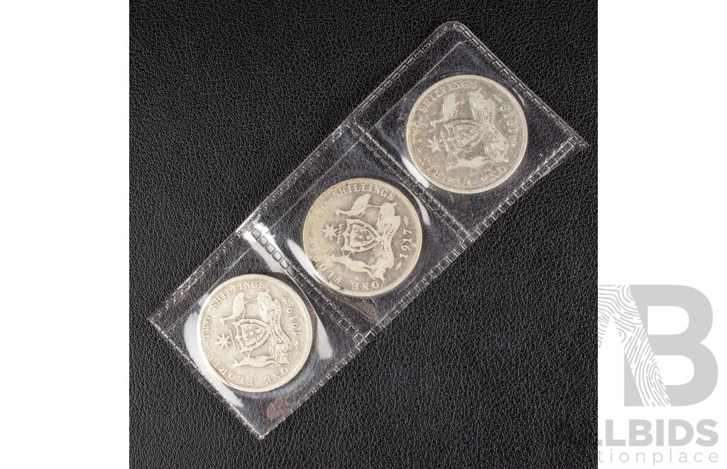 Three Australian KGV Melbourne Mint Silver Florins Including 1917M, 1918M, 1919M  .925