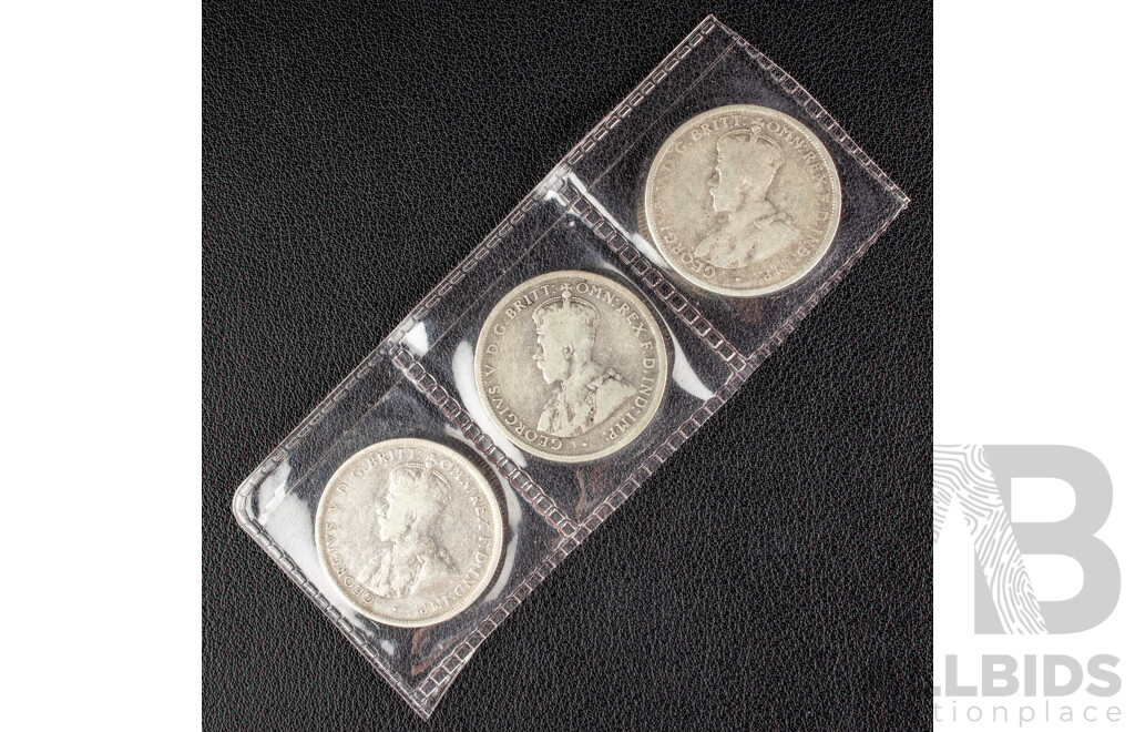 Three Australian KGV Melbourne Mint Silver Florins Including 1917M, 1918M, 1919M  .925