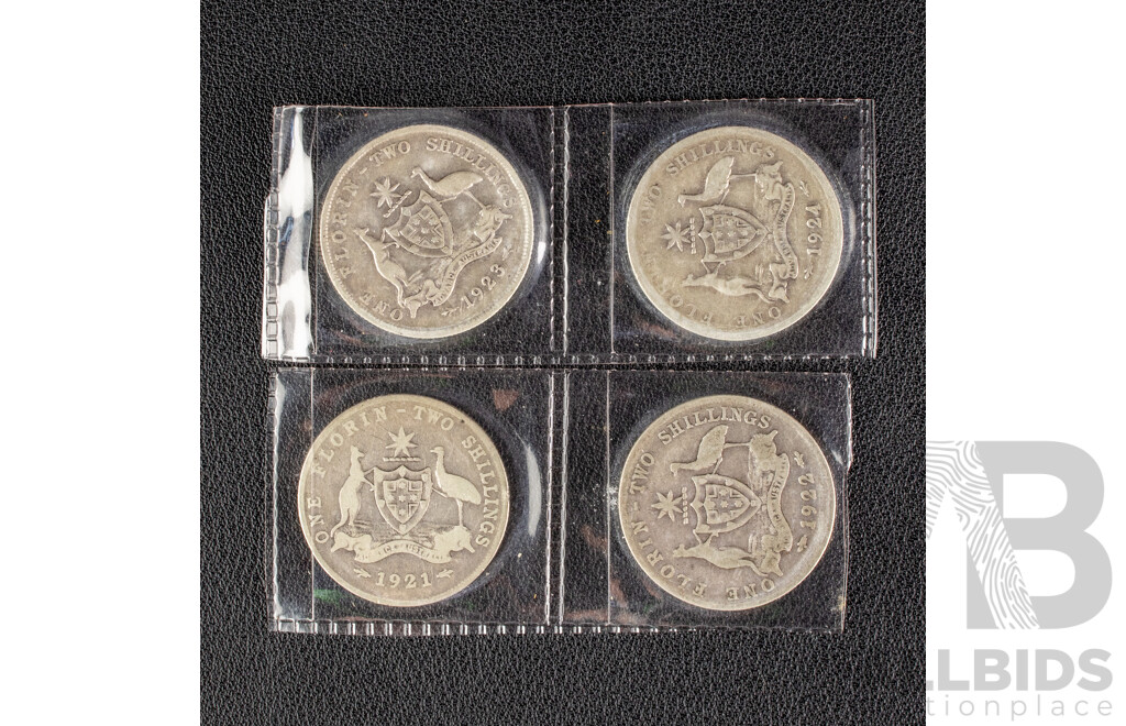Four Australian KGV Silver Florins Including 1921, 1922, 1923, 1924  .925