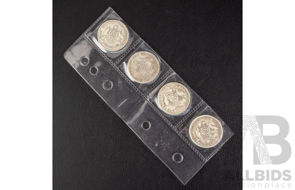 Four Australian KGV Silver Florins Including 1925, 1926, 1927, 1928  .925