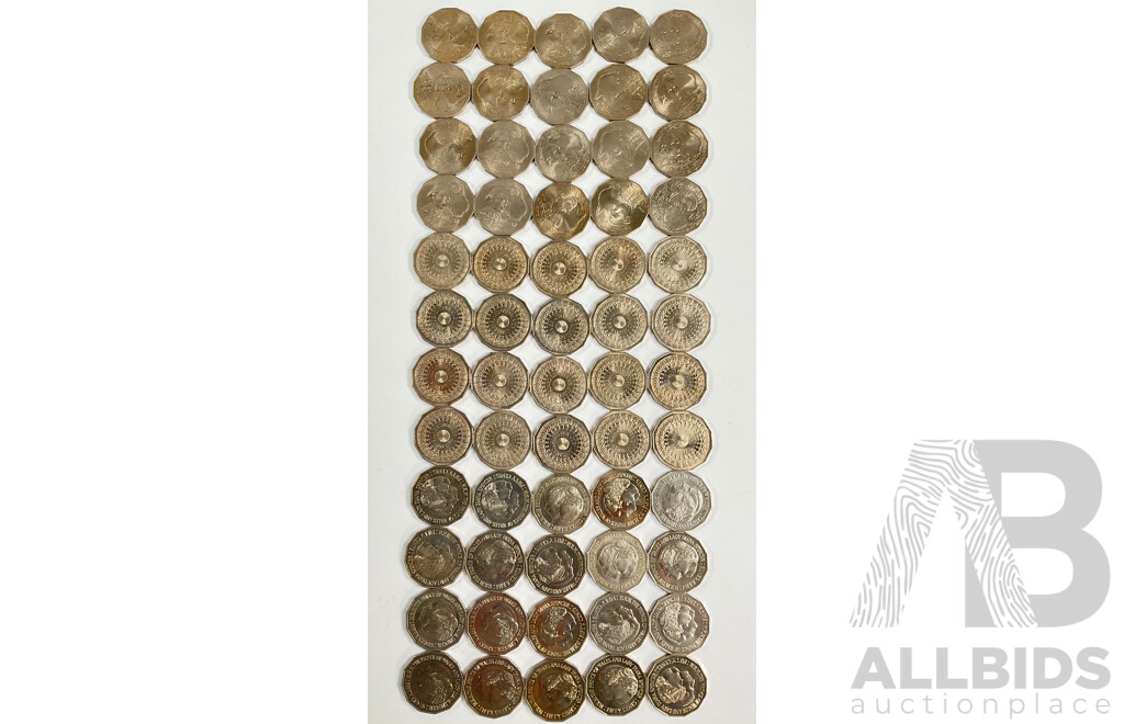 Sixty Australian Commemorative Fifty Cent Coins Including Twenty 1970 Captain Cook, Twenty 1977 Jubilee, Twenty 1981 Charles and Diana
