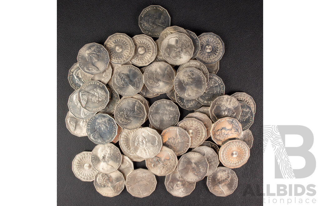 Sixty Australian Commemorative Fifty Cent Coins Including Twenty 1970 Captain Cook, Twenty 1977 Jubilee, Twenty 1981 Charles and Diana